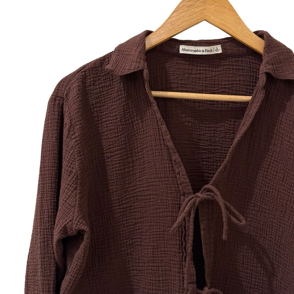 Abercrombie & Fitch Oversized Gauze Tie Front Shirt Brown Long Sleeve Top Size L - Picture 4 of 8